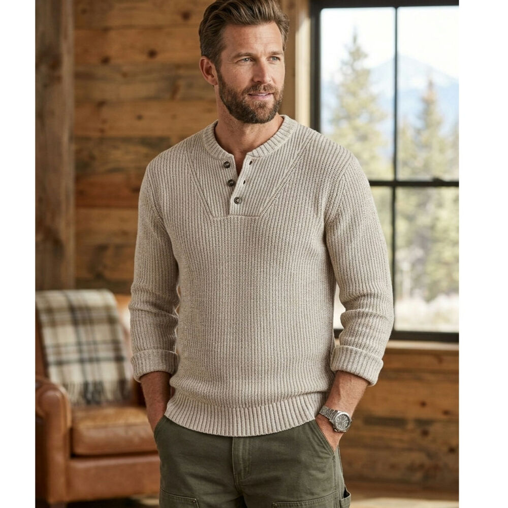 Vintage Eddie Bauer Men's Henley Knit Sweater Ribbed Cotton Beige Oatmeal XL